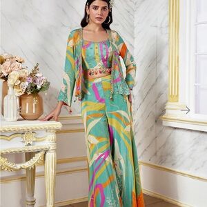 Green and Orange Abstract Print Jumpsuit with Wide-Leg Pants